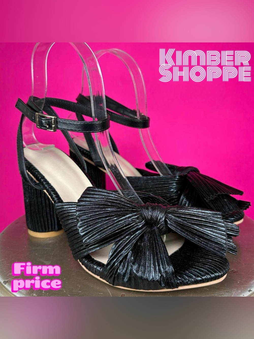 Black Pleated Fabric Knotted Bow High Heel Ankle Strap Sandal EU 38 US 7.5